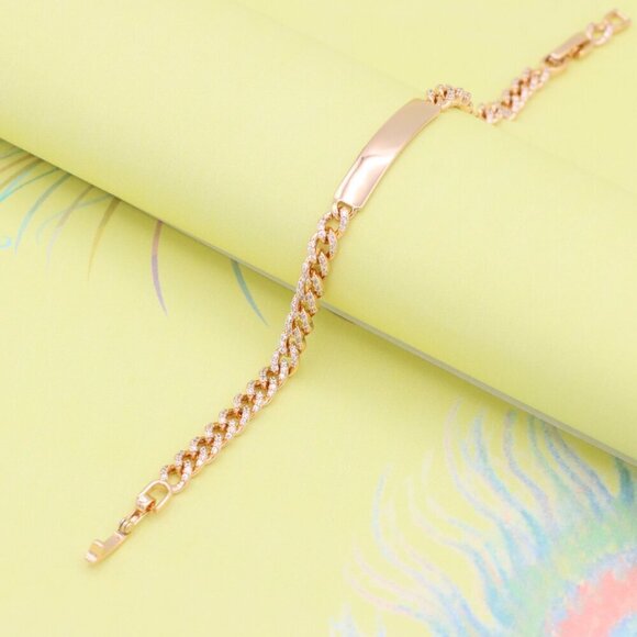 "Rose Gold Polished ID Bracelet with Pave Cuban Chain Design, XPBL0943 - Picture 9 of 11